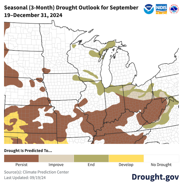 Drought is likely to persist across portions of Ohio, Kentucky, Indiana, Illinois and Missouri through December 31, 2024. However, drought improvement or removal is predicted across northern portions of Ohio, Indiana, and Illinois, as well as Wisconsin and Michigan.