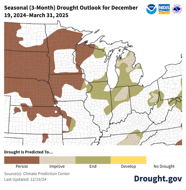 Drought removal or improvement is likely through March 31, 2025 across Ohio, Indiana, Michigan, Illinois, and Missouri. Drought is expected to persist through March 31, 2025 across portions of Minnesota, Wisconsin, Iowa and western Missouri.