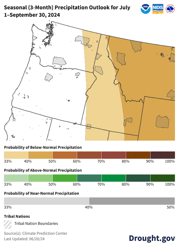 Alt text: There is a 33-50% chance of below-normal precipitation across western Montana, much of Idaho, eastern Washington, and extreme northeastern Oregon during July, August, and September 2024.