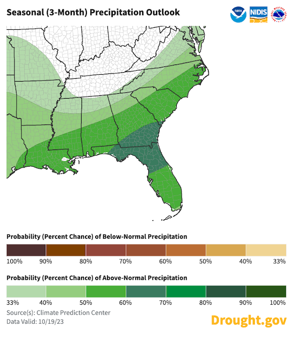 From November to January, odds favor above-normal precipitation across most of the Southeast, with equal chances of above- or below-normal conditions in Tennessee and western Virginia.