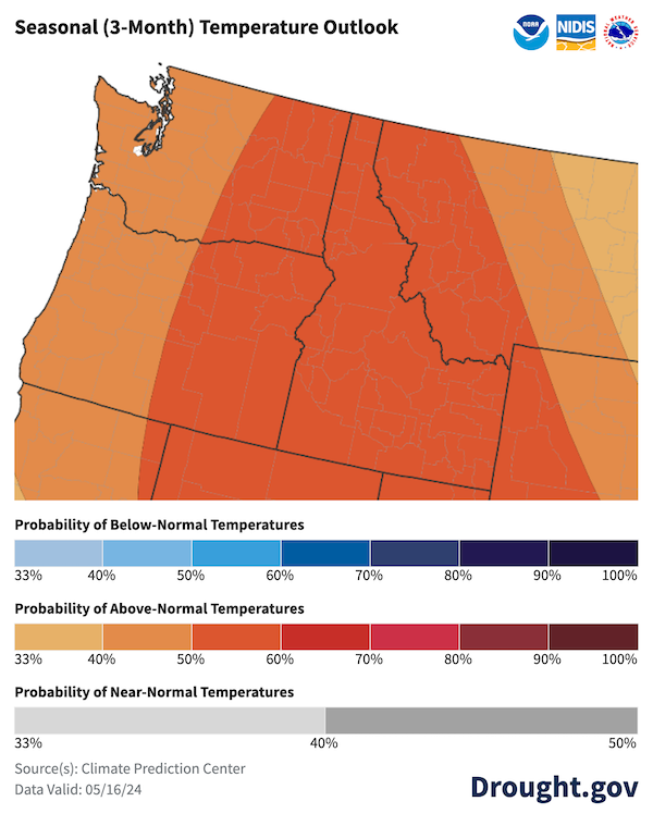  There is a 40-50% chance of above-normal temperatures over western Oregon and Washington and a 50-60% chance of above-normal temperatures over the rest of the Pacific Northwest.