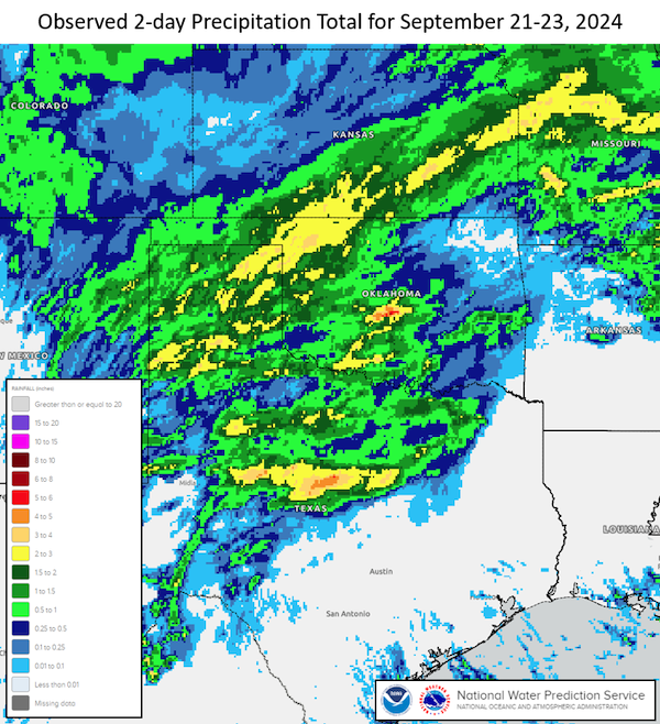 he 2-day precipitation total for the Southern Plains from September 21 through 23, 2024. Most of western Oklahoma got over half an inch of rain, while a few places got more than two inches over the two days. The highest totals were in McLain and Cleveland counties, Oklahoma, where the 2-day total exceeded 4 inches and brought the 3-day precipitation back to near-average for this time of year.