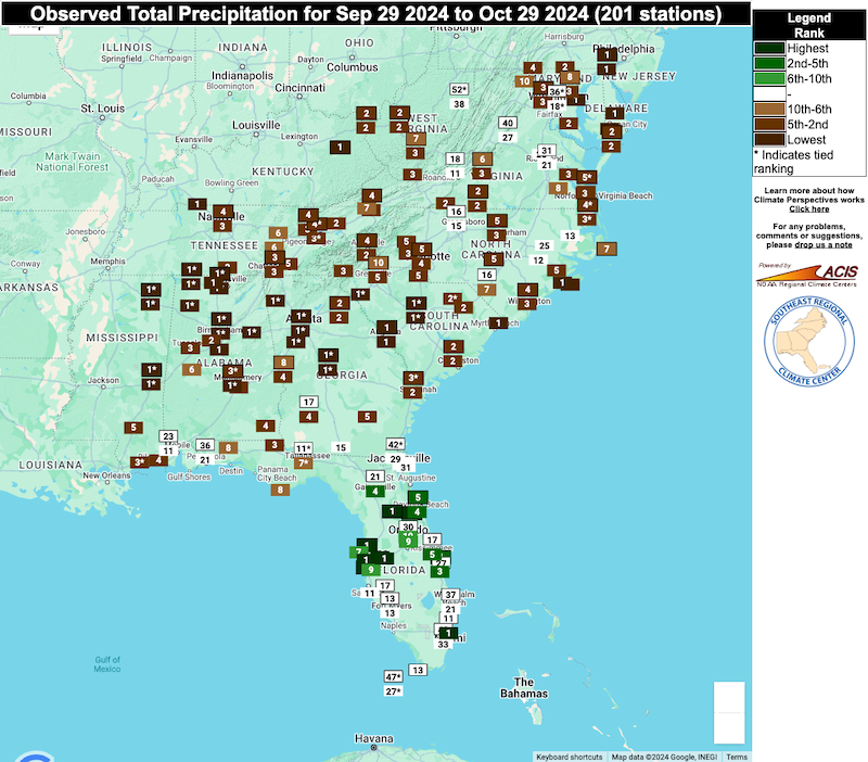 October was characterized by a record-setting lack of rainfall through much of the region, except for the Florida peninsula.