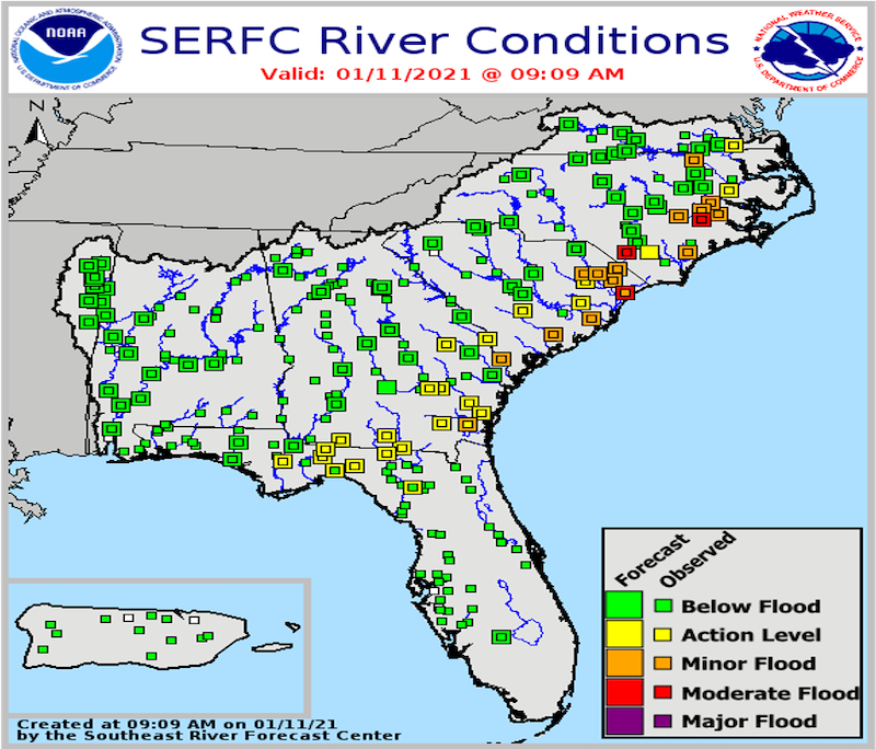 Map of the Southeast showing river flood conditions as of January 11, 2021. Minor to moderate floods were observed along the coast of both Carolinas.
