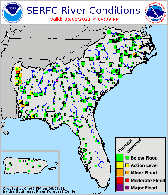 River flood status across the Southeast, from the Southeast River Forecast Center. As of June 7, 2021, most of the Southeast is in the "below flood" level.