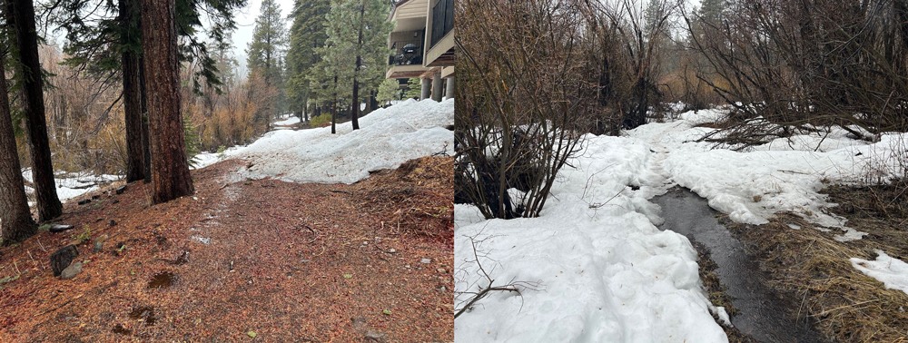 Two photos of Carnelian Bay, Lake Tahoe, showing running water and bare ground.