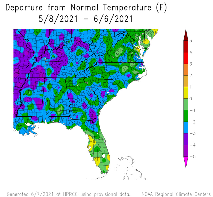 Departure from normal temperature across the Southeast U.S. from May 6 to June 4, 2021. May temperatures were slightly below average for most of Southeast region, with Florida and Puerto Rico near average.