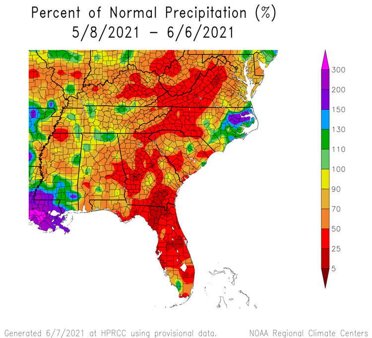 Percent of normal precipitation for the Southeast U.S. from May 8 to June 6, 2021. With a few notable exceptions, much of the region experienced below-normal precipitation.