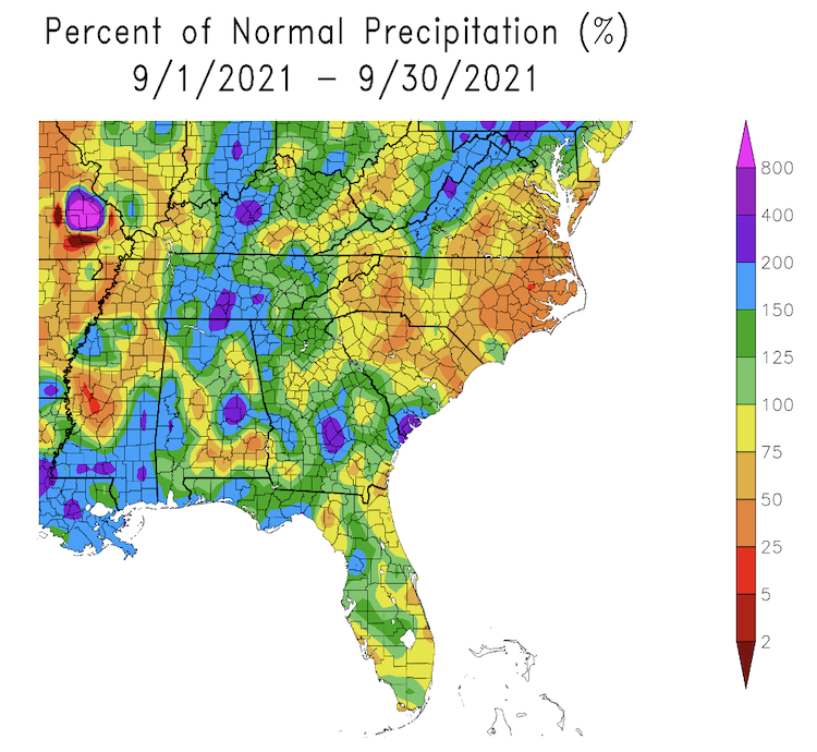 Percent of normal precipitation for the Southeast U.S. from September 1 to 30, 2021. There were pockets of above average, below average precipitation for eastern Virginia, the Carolinas, and Puerto Rico.