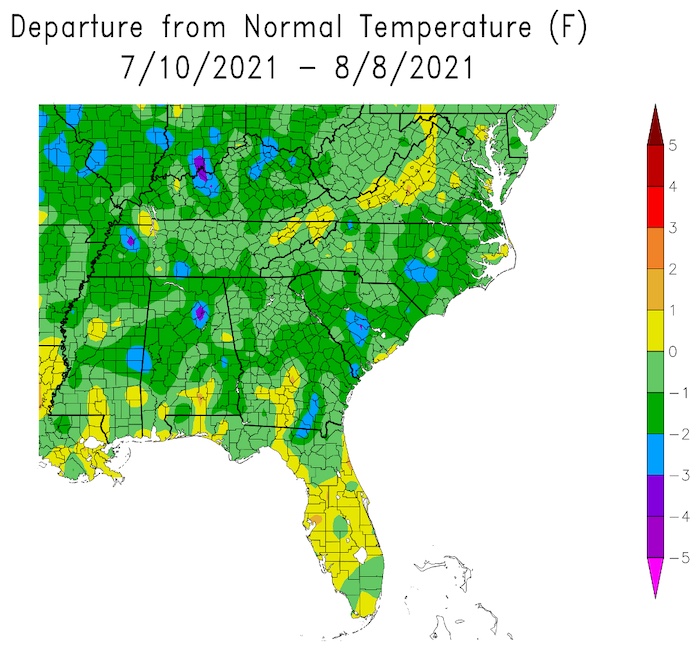 Temperature departures from normal across the Southeast from July 10 to August 8, 2021. Temperatures were near average for most of the region.
