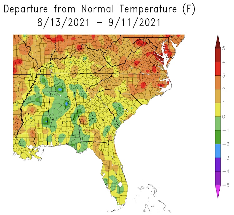 Temperature departures from normal across the Southeast from August 13 to September 11, 2021. Temperatures were above average for Virginia and North Carolina and near average for the rest of the Southeast.