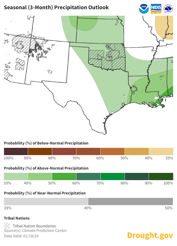 Seasonal precipitation outlook for February to April 2024. When focusing on the southern plains, odds favor above-normal precipitation for Kansas, Oklahoma and eastern Texas. The rest of the region shows an equal chance of above or below normal precipitation. 