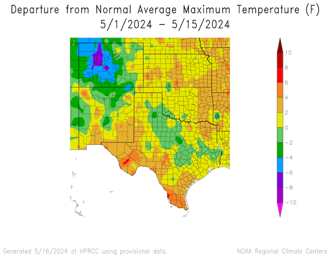 From May 1-16, temperatures were above normal across the Southern Plains. Parts of far southern Texas saw temperatures 6+ degrees above the 1990-2020 normal.