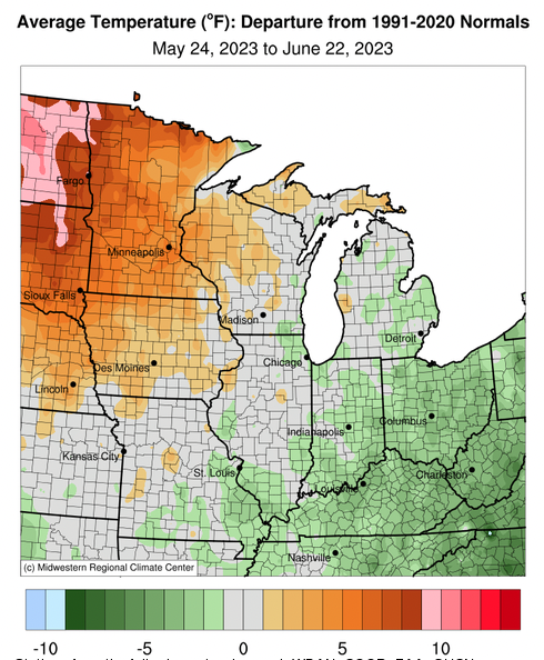 Average temperature over the last 30 days has been a mix of above normal (Minnesota, Wisconsin, Iowa), near normal (Illinois, Missouri, Michigan, Indiana) and below normal (Kentucky, Ohio).