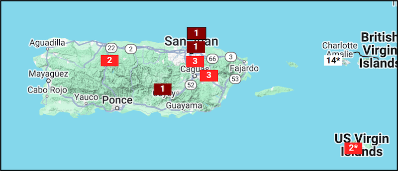 Mean temperatures over the past two months were 1 to 2 degrees Fahrenheit above average across Puerto Rico and the Virgin Islands.