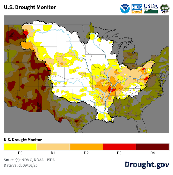 As of September 16, 2025, drought is present in the Ohio River Basin and parts of the Tennessee, Arkansas-White-Red, and Lower Mississippi River Basins. 72% of the Ohio Basin is in drought.