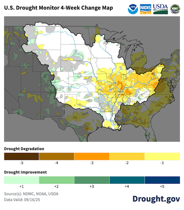 Portions of Arkansas, Illinois, Indiana, Kentucky, Missouri, Ohio, Tennessee, and West Virginia saw drought conditions worsen by two to three categories on the U.S. Drought Monitor over the past four weeks.