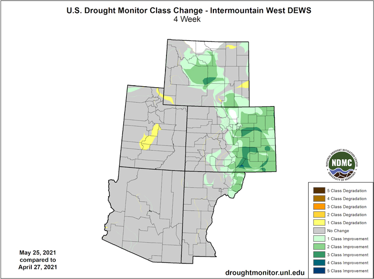 1-month U.S. Drought Monitor Change Map for the Intermountain West, showing the change in drought categories from April 27 to May 25, 2021. Colorado and central Wyoming have seen a 1- to 3-category improvement.