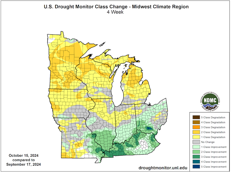 Areas in the Midwest where drought has improved over the last 4 weeks includes portions of Ohio, Kentucky, Indiana, Illinois and Missouri. Drought has worsened across portions of Iowa, Minnesota, Wisconsin, and Michigan.