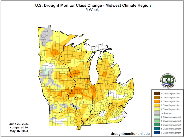 Areas across the Midwest have seen 1- to 3-category degradations since May 16, 2023, according to the U.S. Drought Monitor.