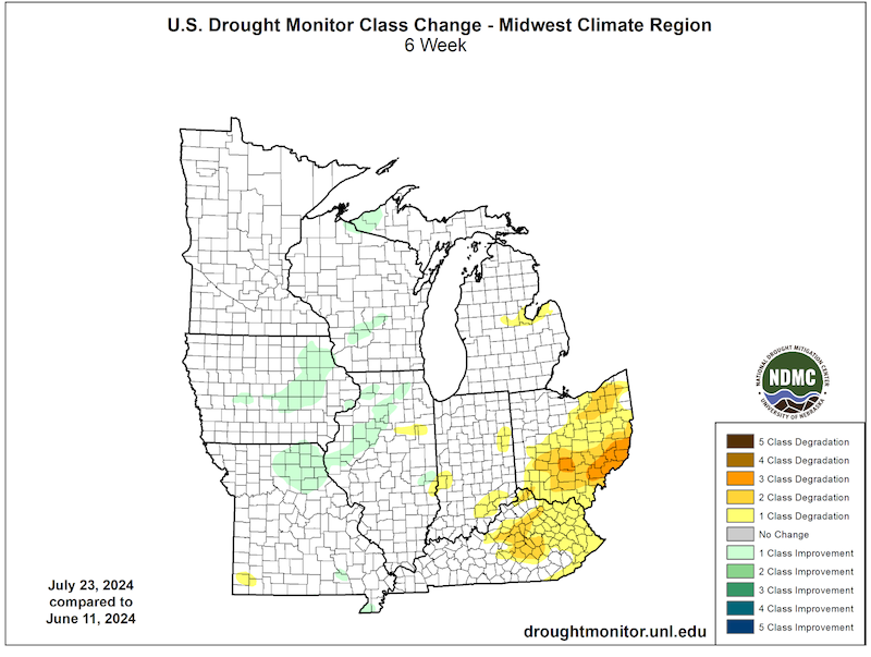  Areas in the Midwest where drought worsened over the last 6 weeks include portions of Ohio and Kentucky.