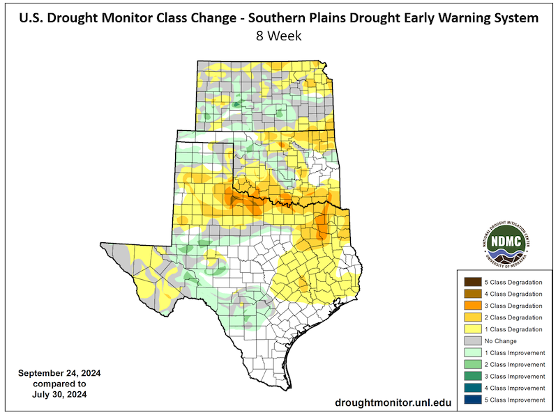 Over the last 8 weeks, drought conditions have improved for eastern Texas. Southwest Oklahoma and parts of northern Texas have seen new drought develop or worsen, according to the U.S. Drought Monitor.