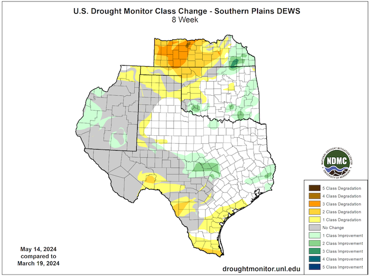  Over the last 8 weeks, drought conditions have improved for southeastern Kansas, parts of eastern and southern Oklahoma, and areas of central Texas, according to the U.S. Drought Monitor. However, drought worsened in western/central Kansas, the Oklahoma Panhandle, and southern Texas.