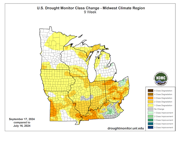 Areas in the Midwest where drought worsened over the last 8 weeks include portions of Ohio, Indiana, Illinois, Kentucky, and Missouri.