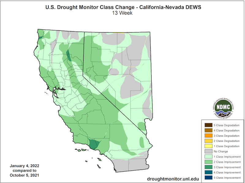 U.S. Drought Monitor Change Map for California and Nevada, showing the change in drought conditions from October 5, 2021 to January 4, 2022. Much of the region saw a 1-2 category improvement, with a 3 category improvement over Ventura County, CA.