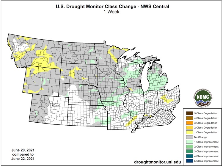 U.S. Drought Monitor Change Map for the Central U.S., showing the change in drought conditions from June 22 to June 29, 2021. Parts of South Dakota, Montana, and Wyoming saw degradations, while parts of the Midwest (Wisconsin, Michigan, Iowa, Missouri, etc.) saw improvements.