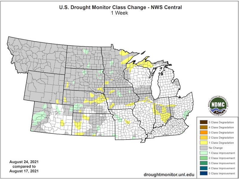 U.S. Drought Monitor 1-week change map for the Central U.S., showing the change in drought conditions from August 17 to August 24, 2021. In the last week, select areas across the region saw 1-category improvements or degradations.