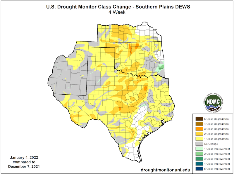 U.S. Drought Monitor Change Map for Kansas, New Mexico, Oklahoma and Texas, showing the change in drought conditions from December 7, 2021 to January 4, 2022.  Much of the region has seen 1-3 class degradation in drought conditions.
