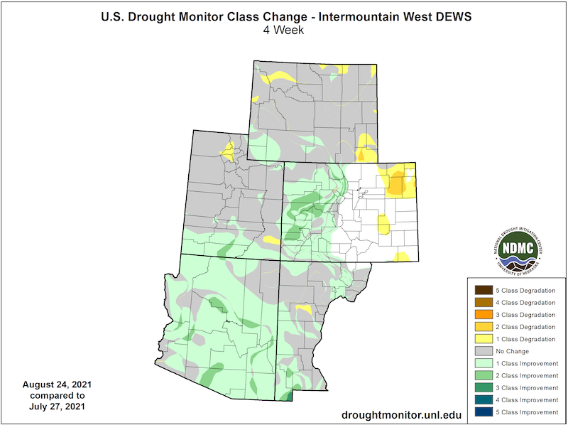 U.S. Drought Monitor 4-week change map for Arizona, Colorado, New Mexico, Utah, and Wyoming, from July 27 to August 24. Arizona, southwest Colorado and New Mexico have seen a 1- to 2-category improvement.