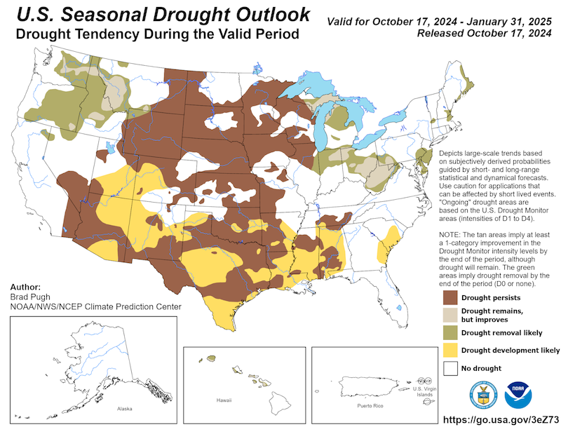 Drought is likely to persist across portions of Minnesota, Iowa, Missouri, Wisconsin, and northern Illinois through January 31, 2025. Drought improvement or removal is predicted across Ohio, Indiana, and Michigan.