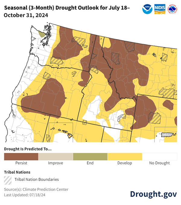 NOAA’s Climate Prediction Center predicts drought will persist or develop across nearly all of the region, except western Washington and Oregon and parts of southern Idaho, from July 18 to October 31, 2024.