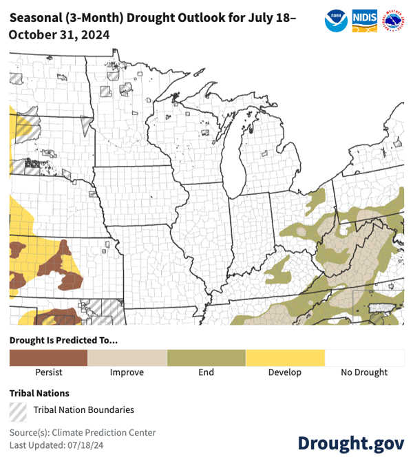 NOAA’s Climate Prediction Center predicts that drought is not expected to develop over the Midwest from July 18-October 31, 2024. The areas in drought in Ohio and Kentucky are likely to improve or be removed completely.