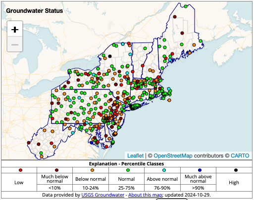 Groundwater status is mixed. Connecticut, southeast Massachusetts and Rhode Island have a number of reporting sites with normal percentiles while northern and western Massachusetts have more sites with below and much below normal percentiles.  