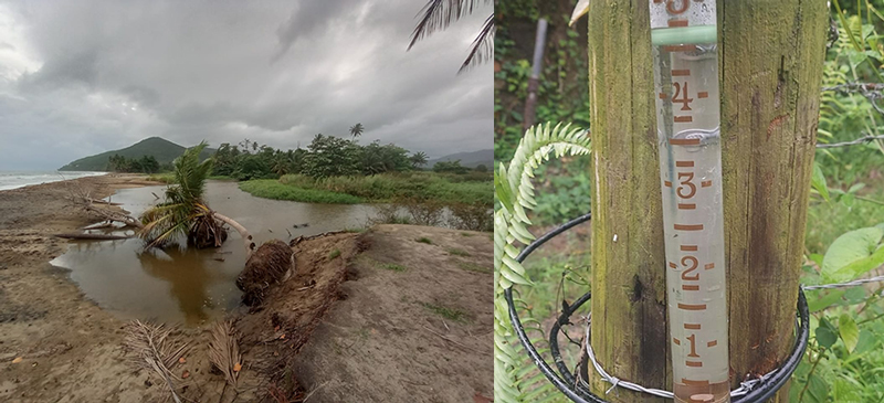 Two photos showing water saturation due to rain eroding land in the Maunabo Municipality, as well as a rain gauge showing more than 4.5 inches of rain accumulated in the past week.
