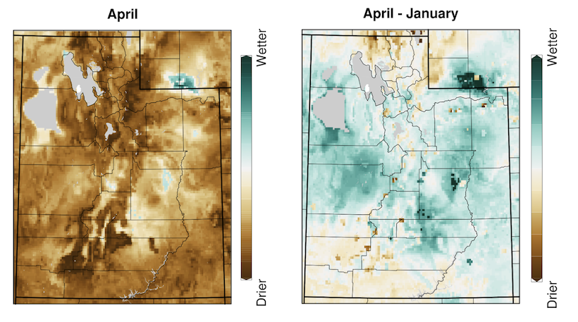 Palmer Drought Severity Index derived from PRISM precipitation data and  merged with more than 120 surface stations across Utah, as can be seen by the little squares in the difference map (right). Data is for April 2021 (left) and the difference from January to April 2021.