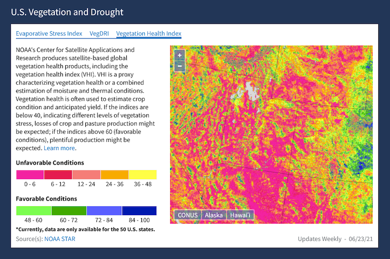 Vegetation Health Index for Utah and surrounding states, showing the vegetation health or a combined estimation of moisture and thermal conditions. Unfavorable vegetation conditions exist across much of Utah.