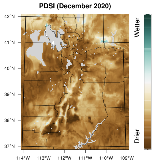 The most recent (December) PDSI calculated for Utah using Utah Climate Center’s station network and PRISM data.