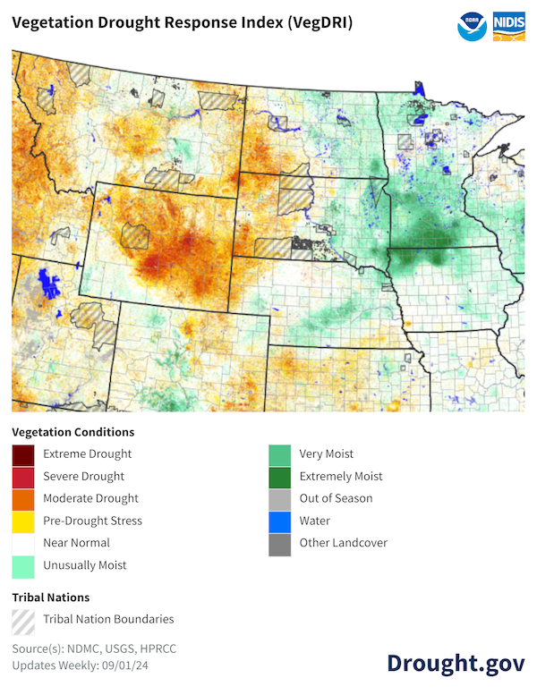 Vegetation conditions across Wyoming, Montana, and western parts of Nebraska, South Dakota, and North Dakota show moderate to extreme drought. Eastern parts of Nebraska, South Dakota, and North Dakota show vegetation conditions from unusually moist to extremely moist.