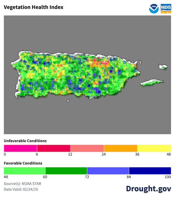 While the majority of the vegetation in Puerto Rico shows favorable conditions, some dry spots are beginning to develop along the southern plains, the western and eastern interior, and across the northwest. 