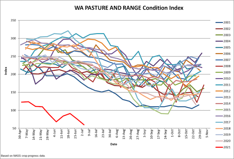 Washington Pasture and Range Condition Index through July 6, 2021 compared to each year back to 2001. This year’s conditions are the worst on record.