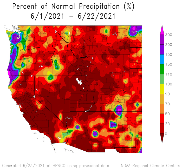  Month-to-date percent of normal precipitation to June 22, 2021. 