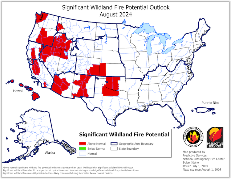 The National Significant Wildland Fire Potential Outlook for August 2024 indicates that significant wildland fire potential will be above normal for tribal lands in northwestern Washington, central and eastern Oregon, and portions of northern, central, and southern Idaho.