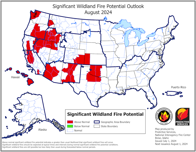 Map shows areas of the United States with significant wildland fire potential. Large portions of Idaho, Oregon, and western Washington, and a small area in western Montana, have significant (above normal) wildland fire potential. 