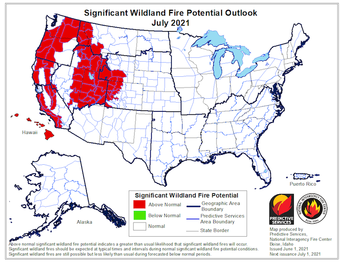 Map of the western US showing the significant wildfire potential for the month of July 2021. There is an elevated risk of fire potential over the western U.S.