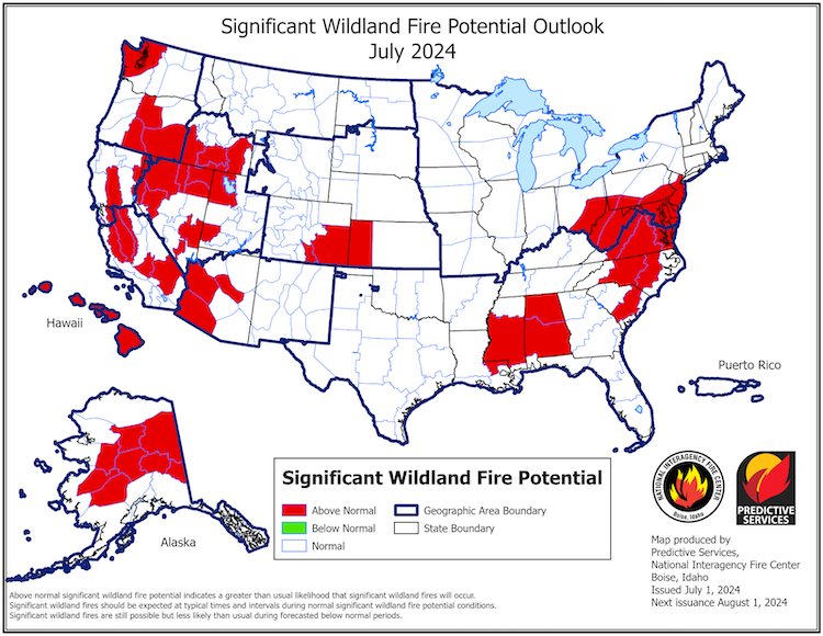 The National Significant Wildland Fire Potential Outlook for July 2024 indicates that significant wildland fire potential will be above normal for tribal lands in northwestern Washington, central and eastern Oregon, and southern Idaho.