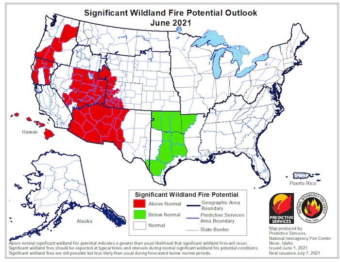Map of the western US showing the significant wildfire potential for the month of June 2021. There is an elevated risk of fire potential over the western U.S.